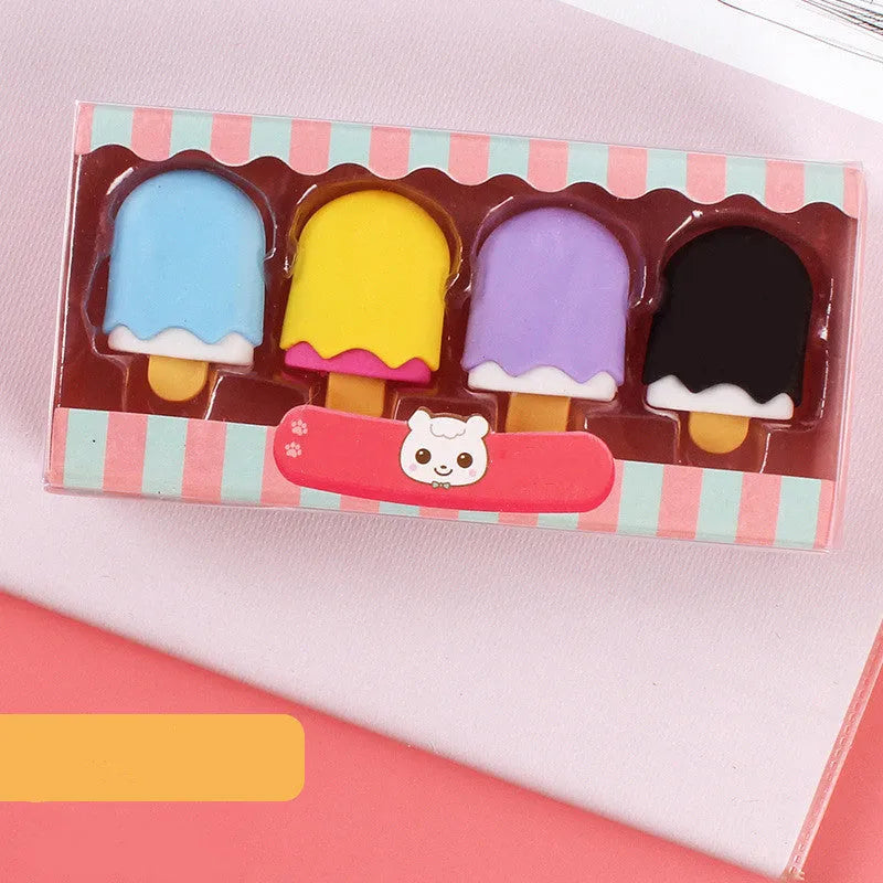 Cartoon eraser gift set with 12 themed pieces featuring cone, ice cream, donut and lollipop designs
