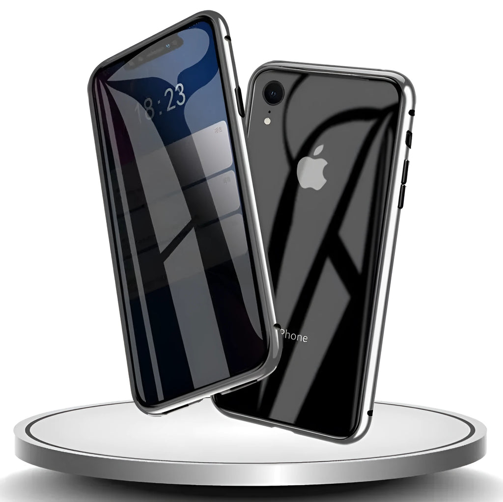Geometric patterned glass clamshell case for iPhone in multiple colour options on a dark surface.