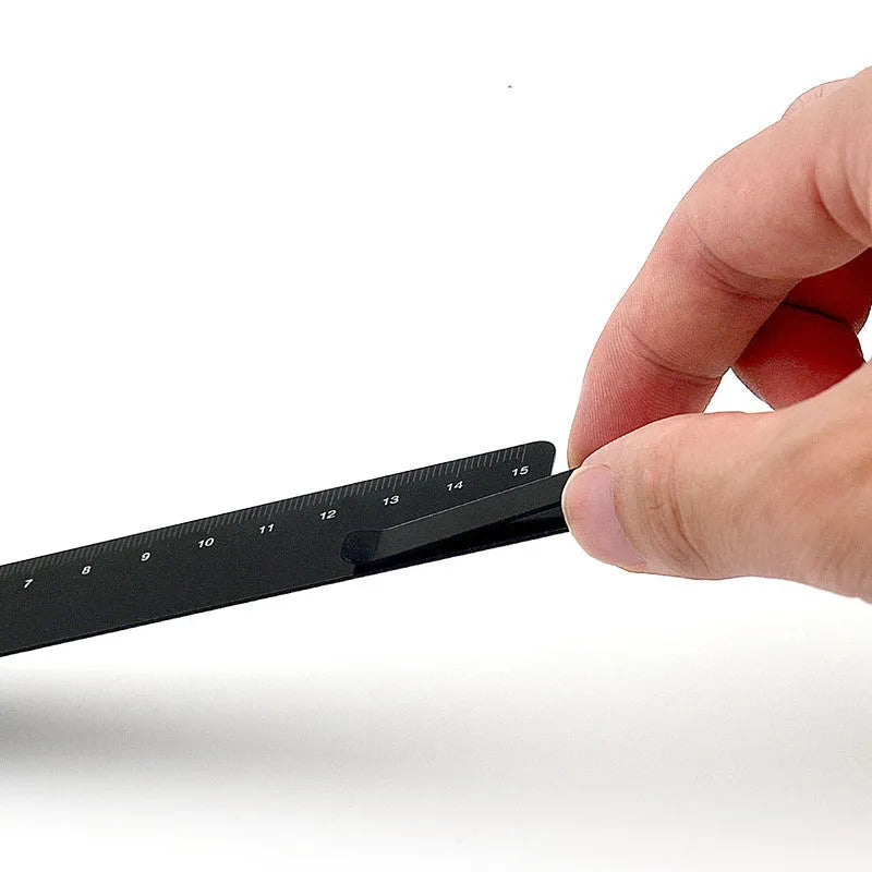 Black aluminium bookmark ruler with laser engraved 15 cm scale markings