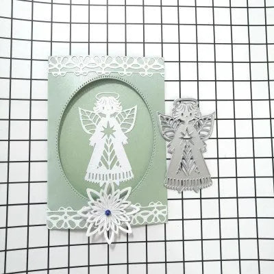 White carbon steel angel knife mould for embossing greeting cards measuring 8x6 cm