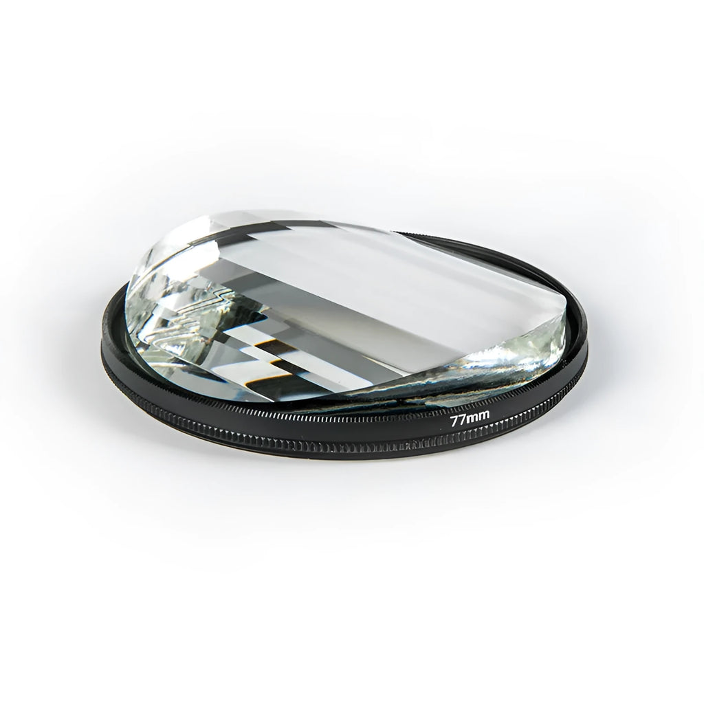 Glass prism with 77mm filter bayonet for film and television, including a filter bag and cleaning cloth