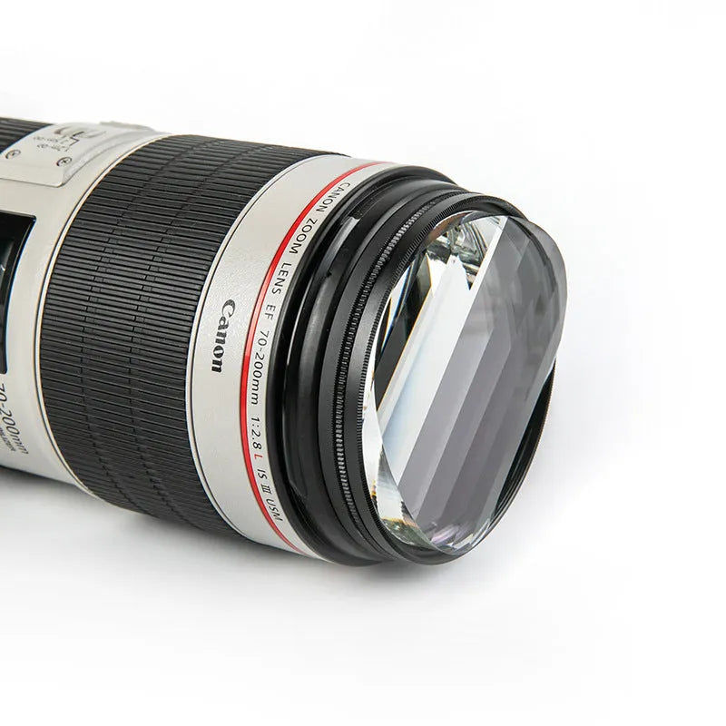 Glass prism with 77mm filter bayonet for film and television, including a filter bag and cleaning cloth
