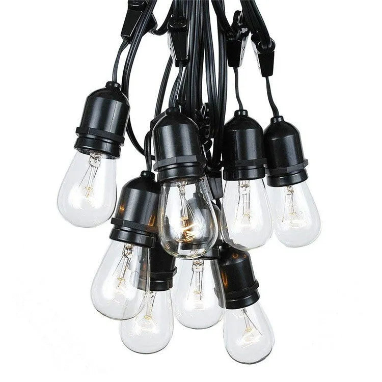 Black 15-metre festoon light string with 15 Edison-style bulbs for garden and indoor decoration