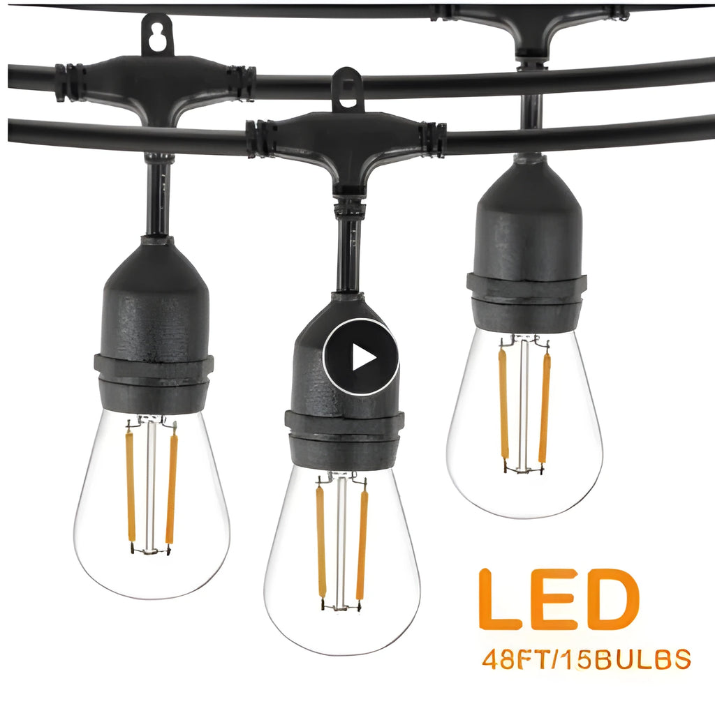 Black 15-metre festoon light string with 15 Edison-style bulbs for garden and indoor decoration