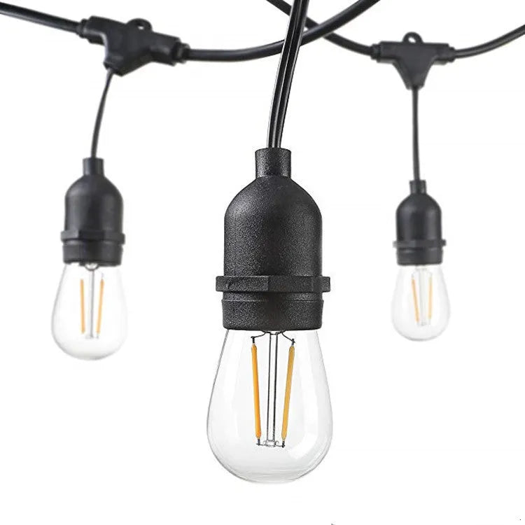 Black 15-metre festoon light string with 15 Edison-style bulbs for garden and indoor decoration