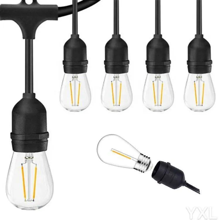 Black 15-metre festoon light string with 15 Edison-style bulbs for garden and indoor decoration
