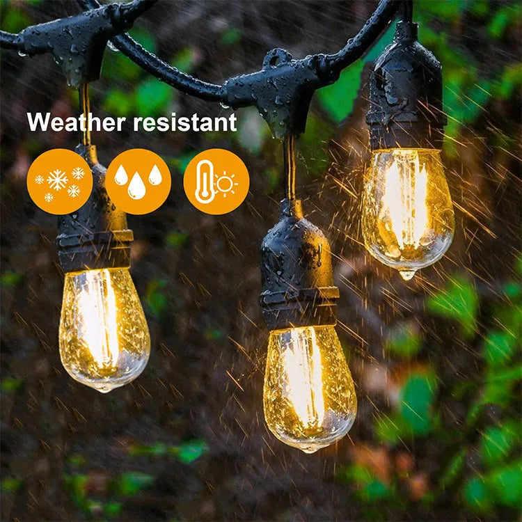 Black 15-metre festoon light string with 15 Edison-style bulbs for garden and indoor decoration