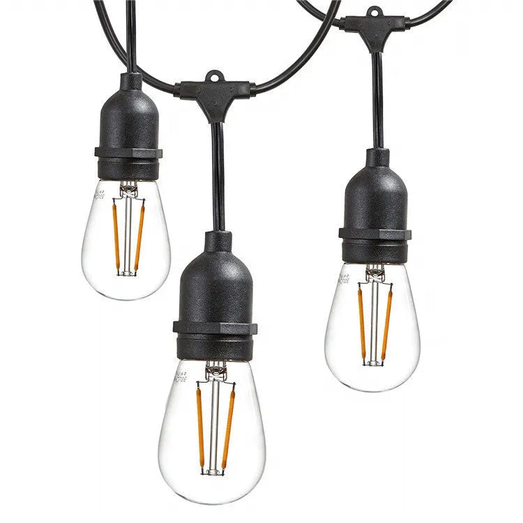 Black 15-metre festoon light string with 15 Edison-style bulbs for garden and indoor decoration