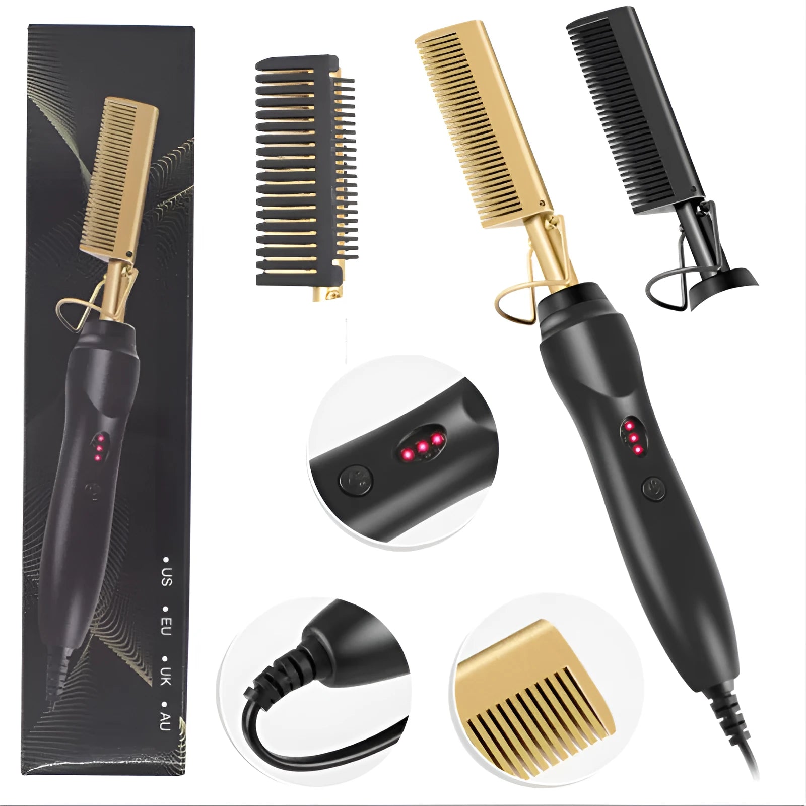 Electric straight hair curling comb copper surface alloy ABS 29.5cm brass black UK plug styling tool
