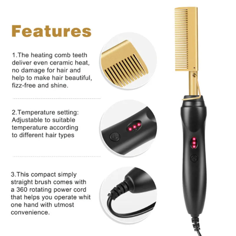 Electric straight hair curling comb copper surface alloy ABS 29.5cm brass black UK plug styling tool