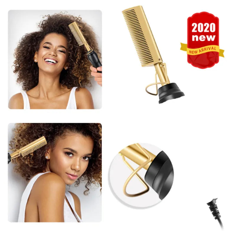 Electric straight hair curling comb copper surface alloy ABS 29.5cm brass black UK plug styling tool