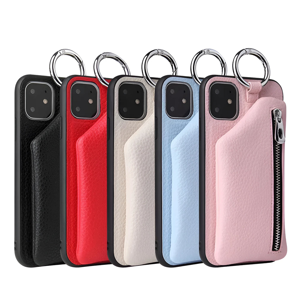 Imitation leather phone case with neck lanyard and a small front coin purse pocket.