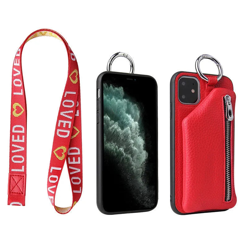 Imitation leather phone case with neck lanyard and a small front coin purse pocket.