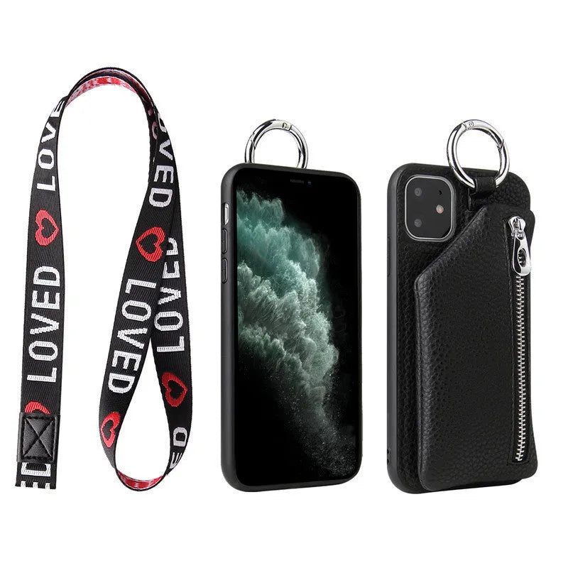 Imitation leather phone case with neck lanyard and a small front coin purse pocket.