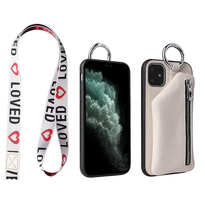 Imitation leather phone case with neck lanyard and a small front coin purse pocket.