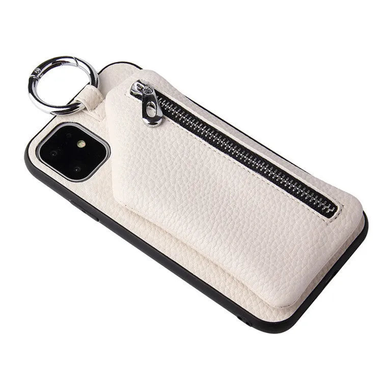 Imitation leather phone case with neck lanyard and a small front coin purse pocket.