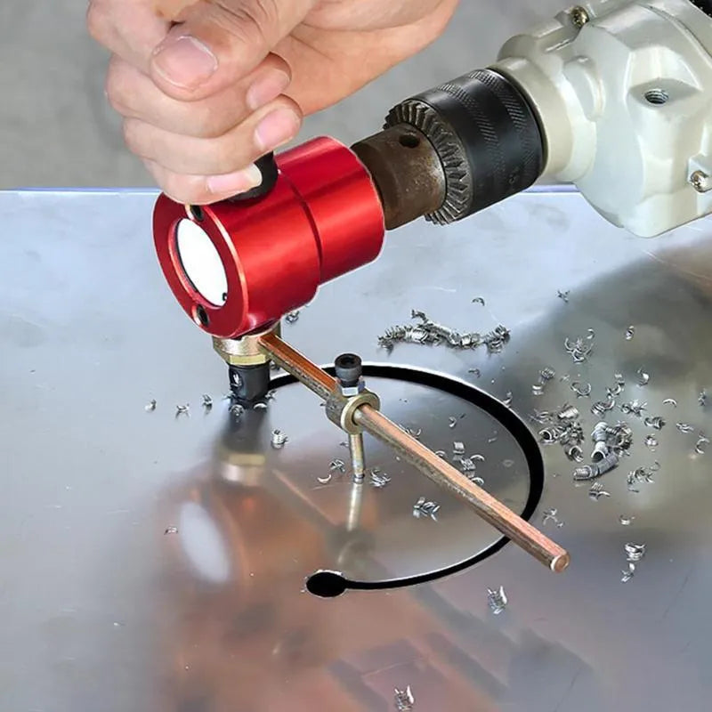 Red metal nibbler cutter tool for attachment to electric drills, measuring 175mm