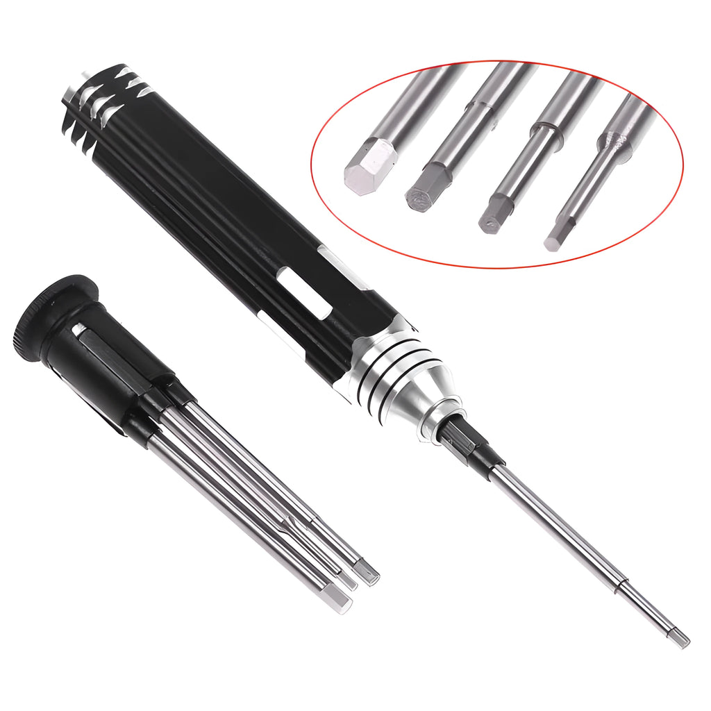 Black four-piece hexagon socket screwdriver set for aeromodelling with 1.5mm to 3.0mm high-speed steel bits