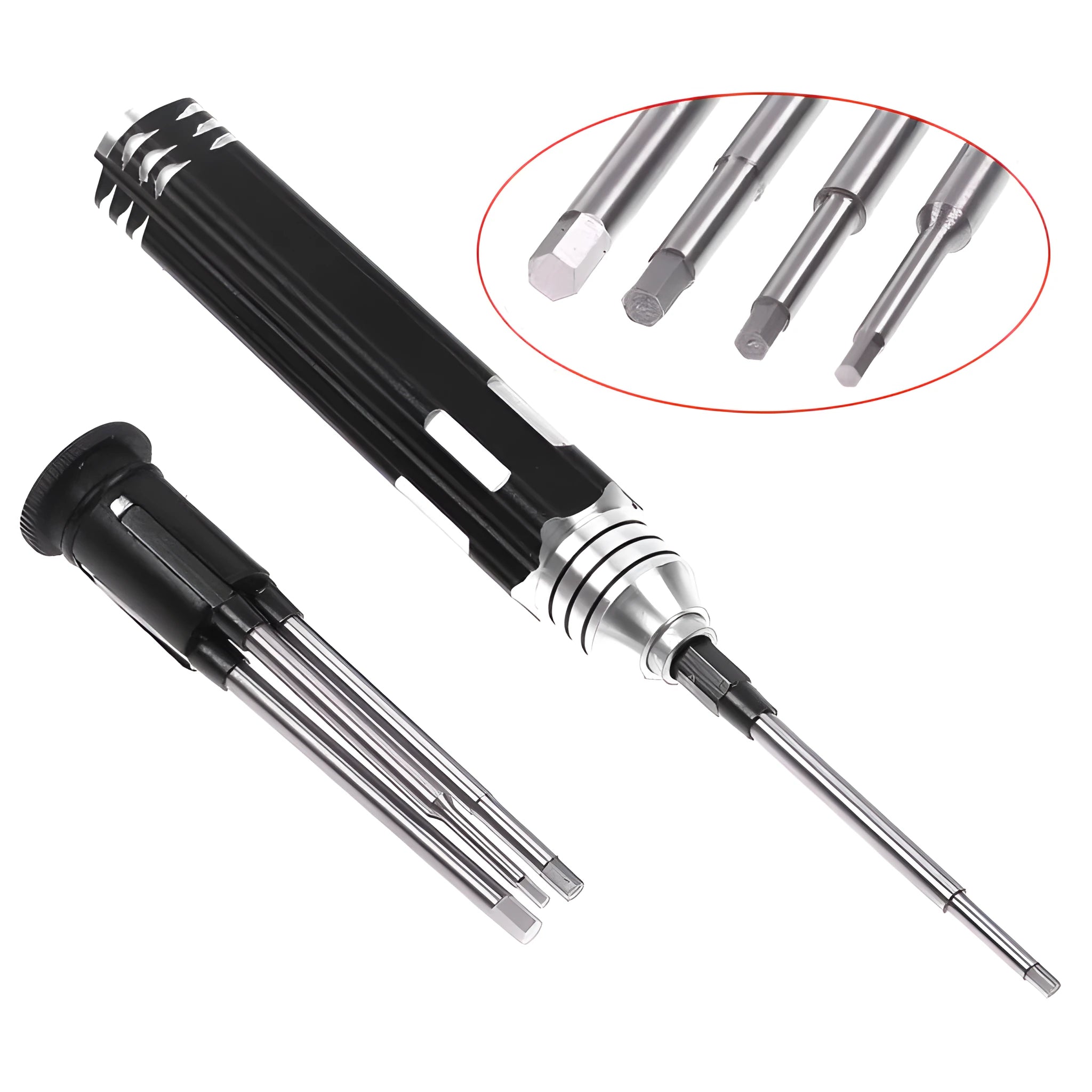 Black four-piece hexagon socket screwdriver set for aeromodelling with 1.5mm to 3.0mm high-speed steel bits