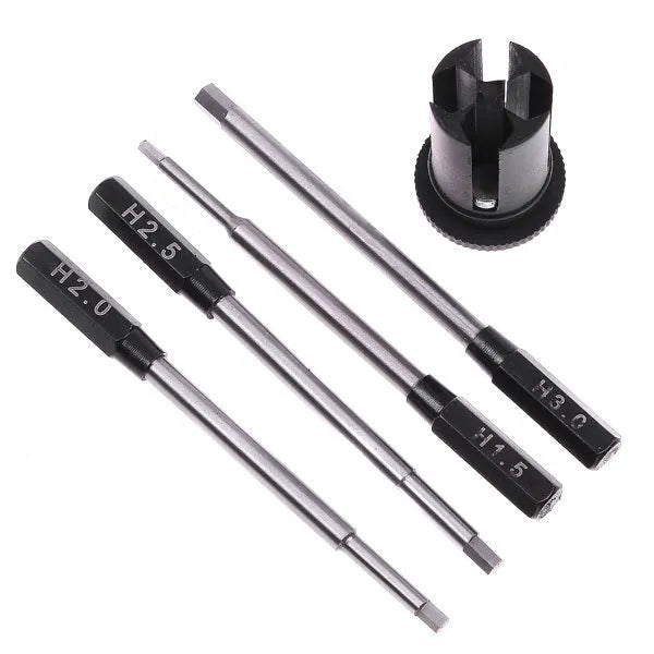 Black four-piece hexagon socket screwdriver set for aeromodelling with 1.5mm to 3.0mm high-speed steel bits