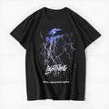 Men's black short sleeve t-shirt with lightning print, round neck, 100% cotton, loose fit, sizes S to 2XL