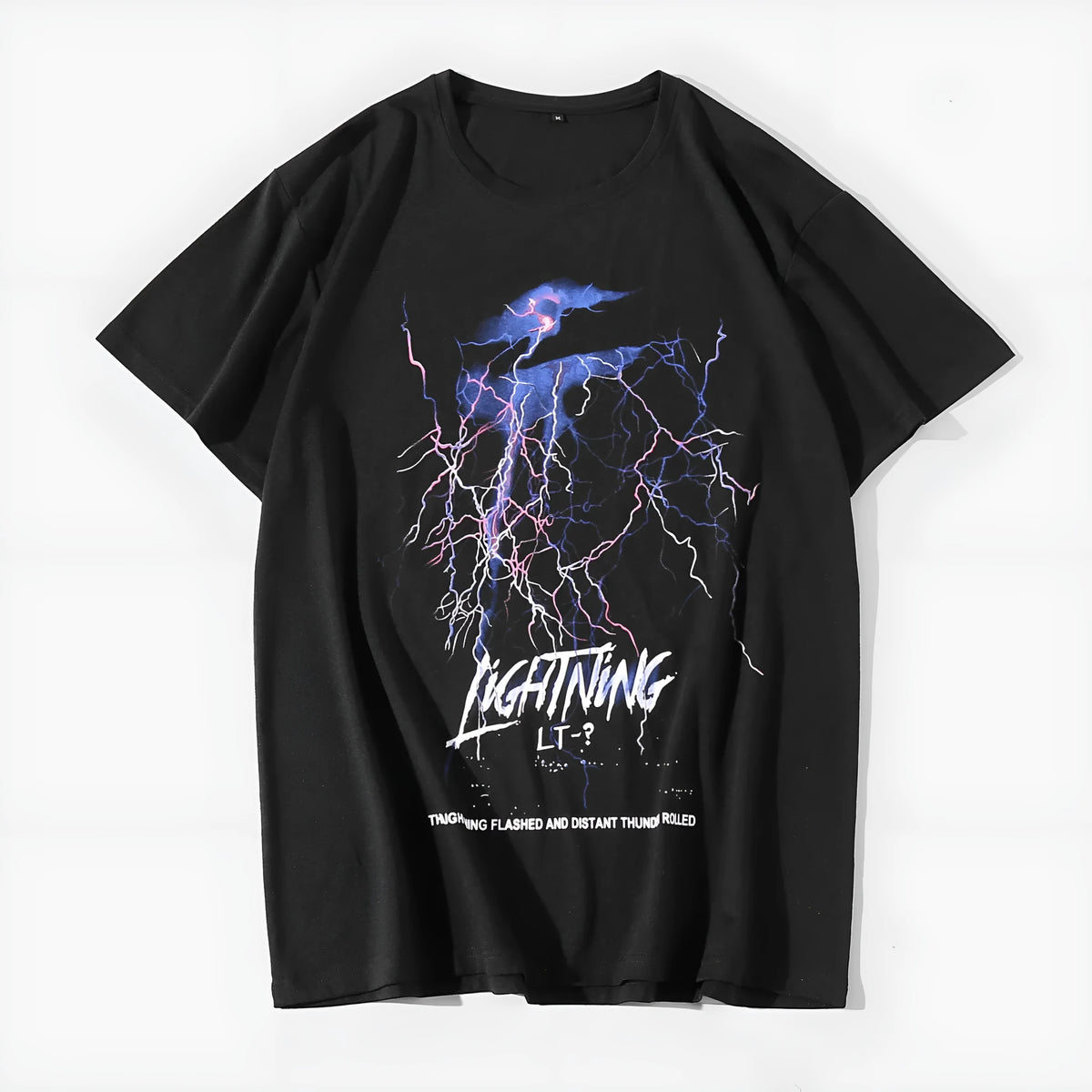 Men's black short sleeve t-shirt with lightning print, round neck, 100% cotton, loose fit, sizes S to 2XL