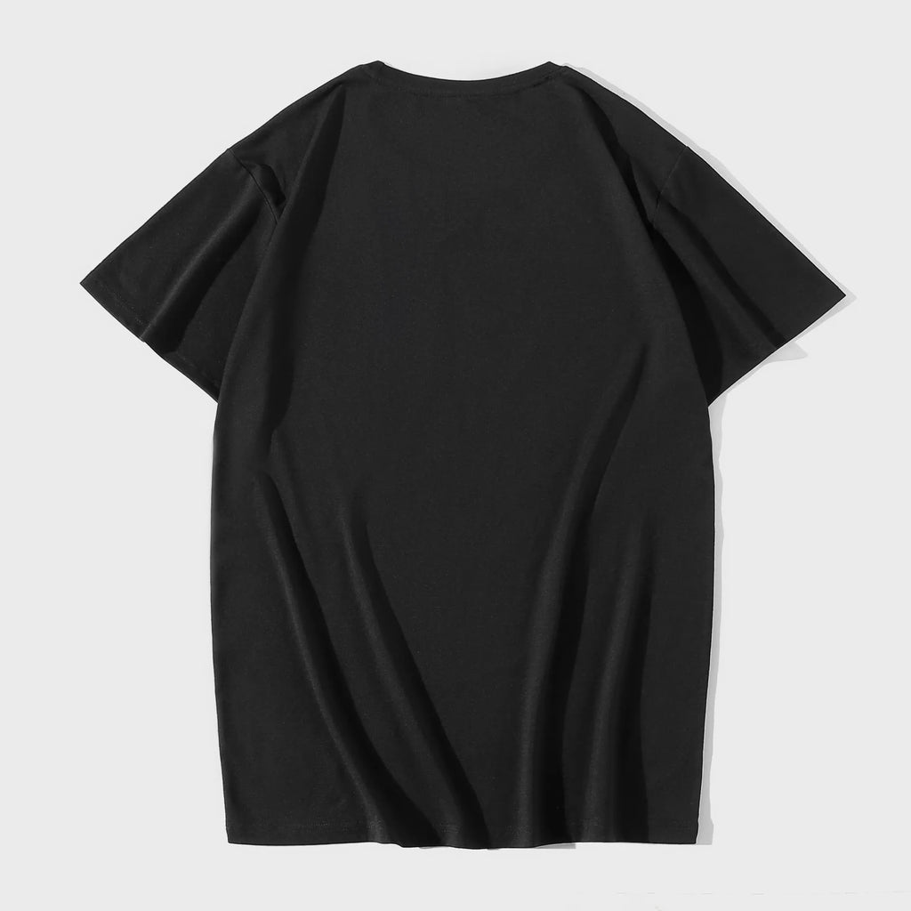 Men's black short sleeve t-shirt with lightning print, round neck, 100% cotton, loose fit, sizes S to 2XL