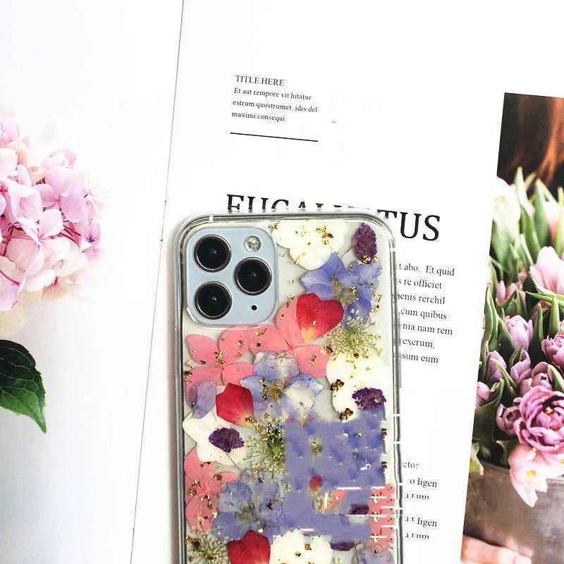 Real dried flower silicone phone case for Apple iPhone in colorful Japanese style