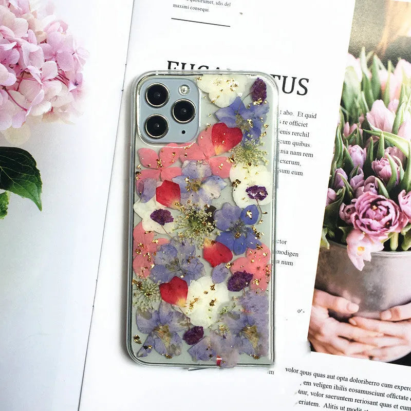 Real dried flower silicone phone case for Apple iPhone in colorful Japanese style
