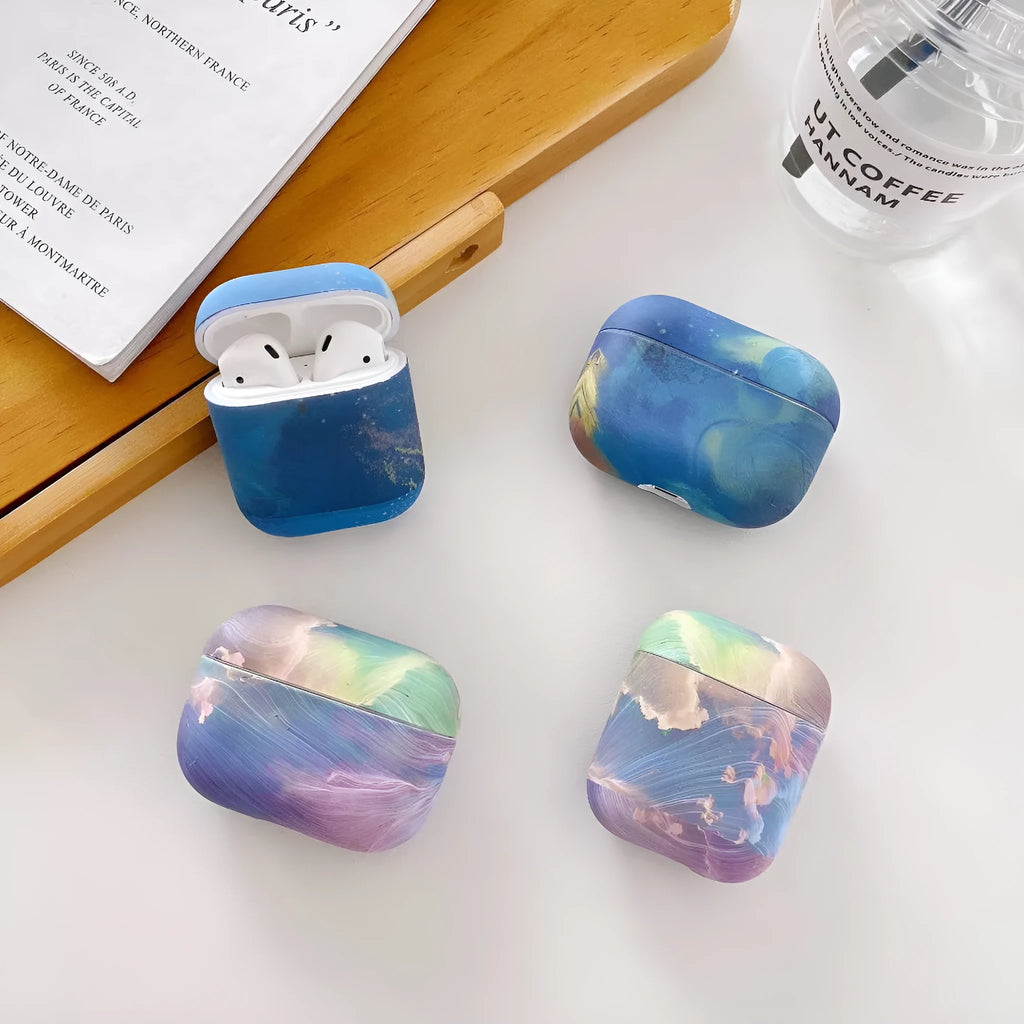 Plastic hard shell protective sleeve for AirPods Pro with watercolour pattern in pink or blue