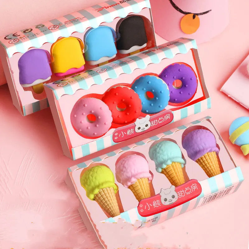 Cartoon eraser gift set with 12 themed pieces featuring cone, ice cream, donut and lollipop designs