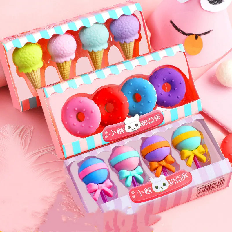 Cartoon eraser gift set with 12 themed pieces featuring cone, ice cream, donut and lollipop designs