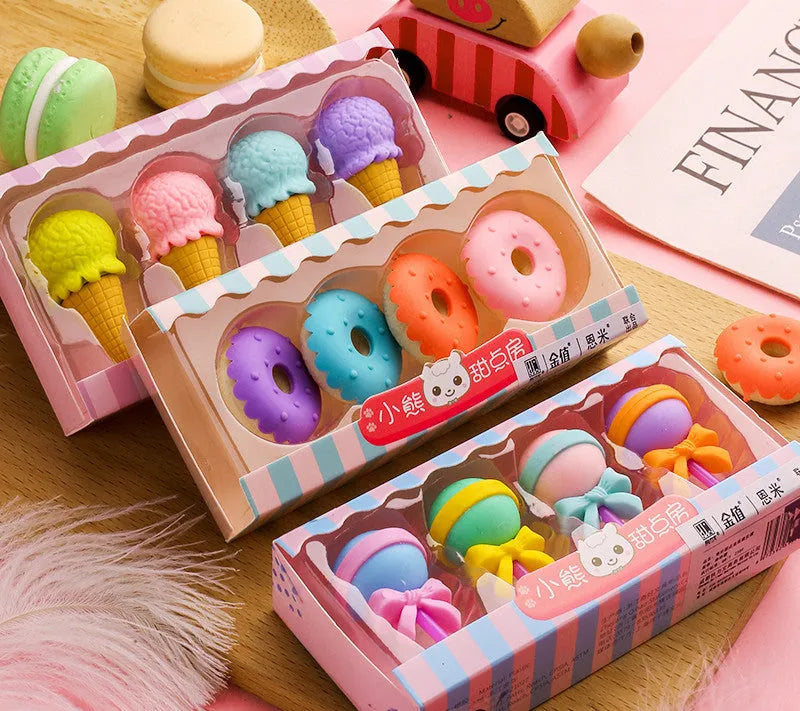 Cartoon eraser gift set with 12 themed pieces featuring cone, ice cream, donut and lollipop designs