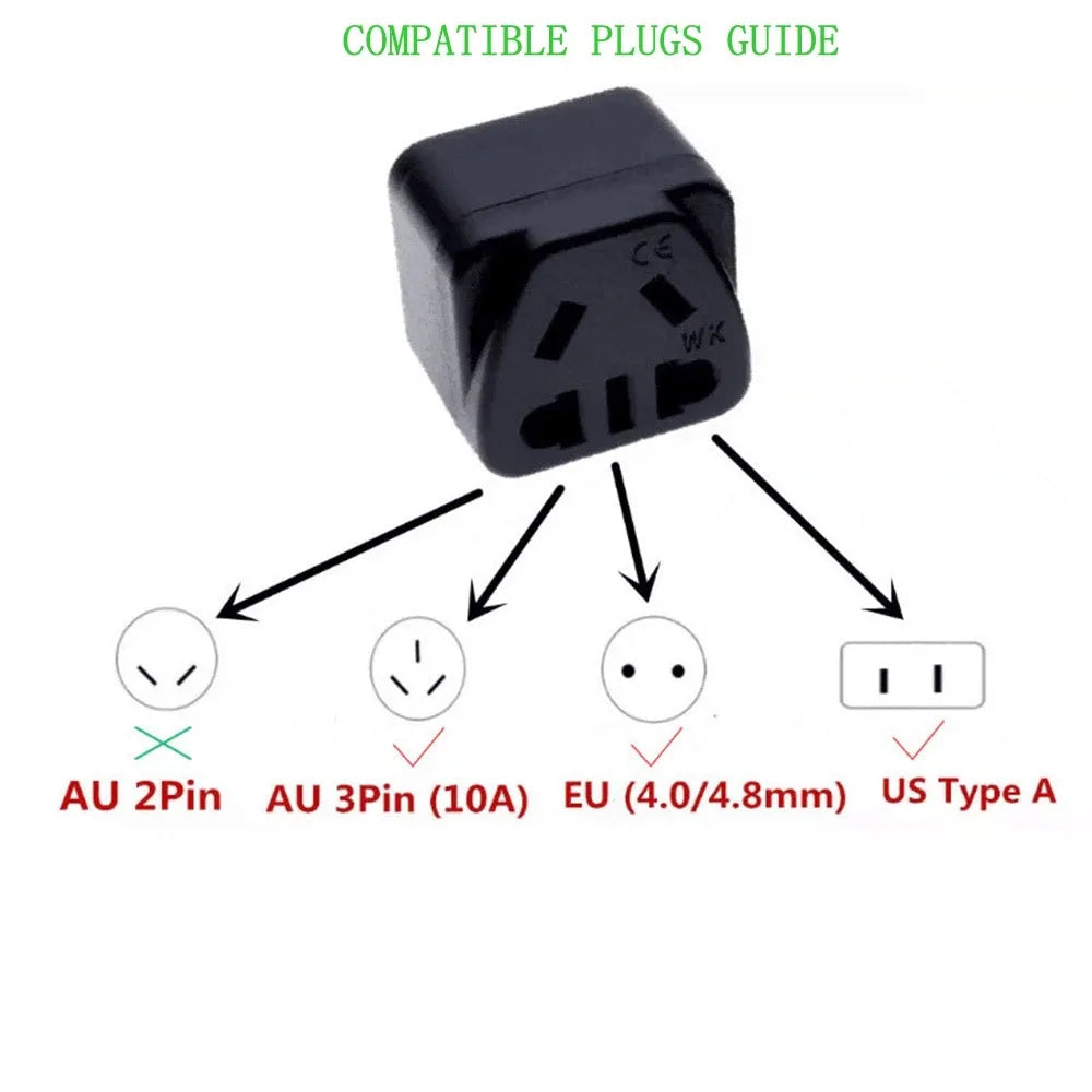 Square three plug power conversion adapter in black or white with 13A 110-250V rating