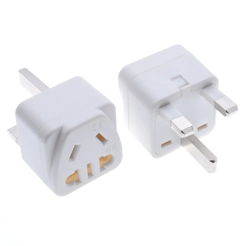 Square three plug power conversion adapter in black or white with 13A 110-250V rating