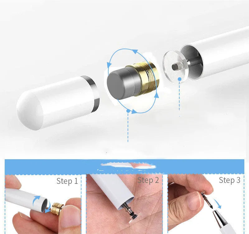 Black capacitive stylus with transparent disc tip and magnetic suction cup, compatible with Apple iPad.