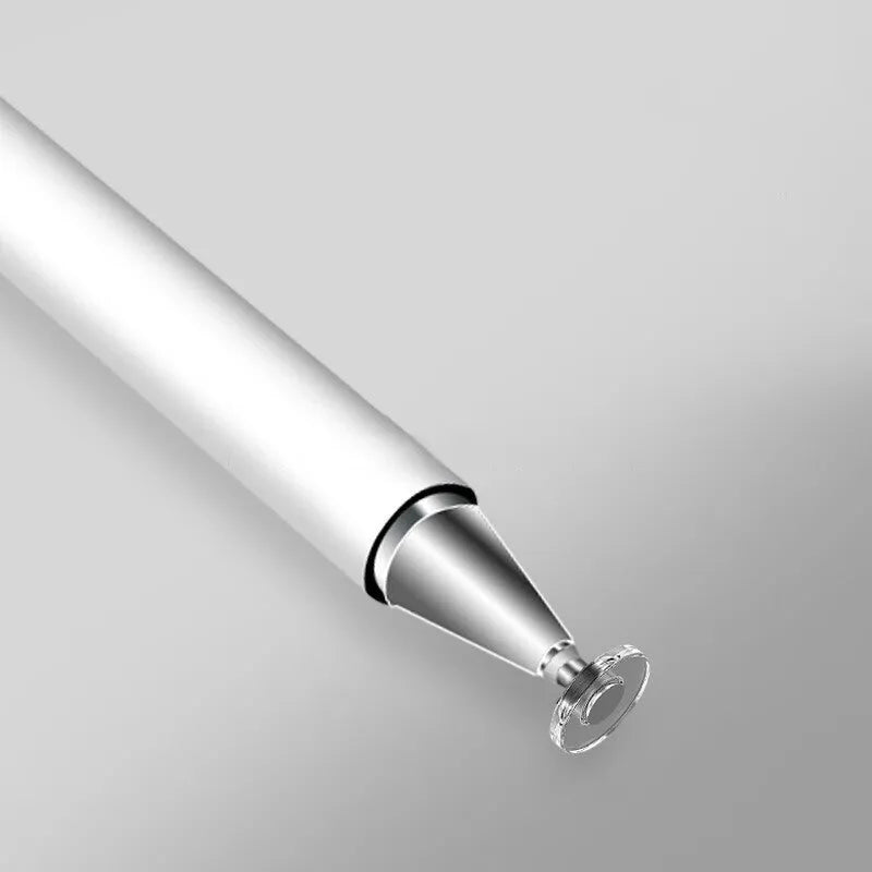 Black capacitive stylus with transparent disc tip and magnetic suction cup, compatible with Apple iPad.