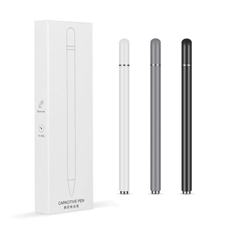 Black capacitive stylus with transparent disc tip and magnetic suction cup, compatible with Apple iPad.