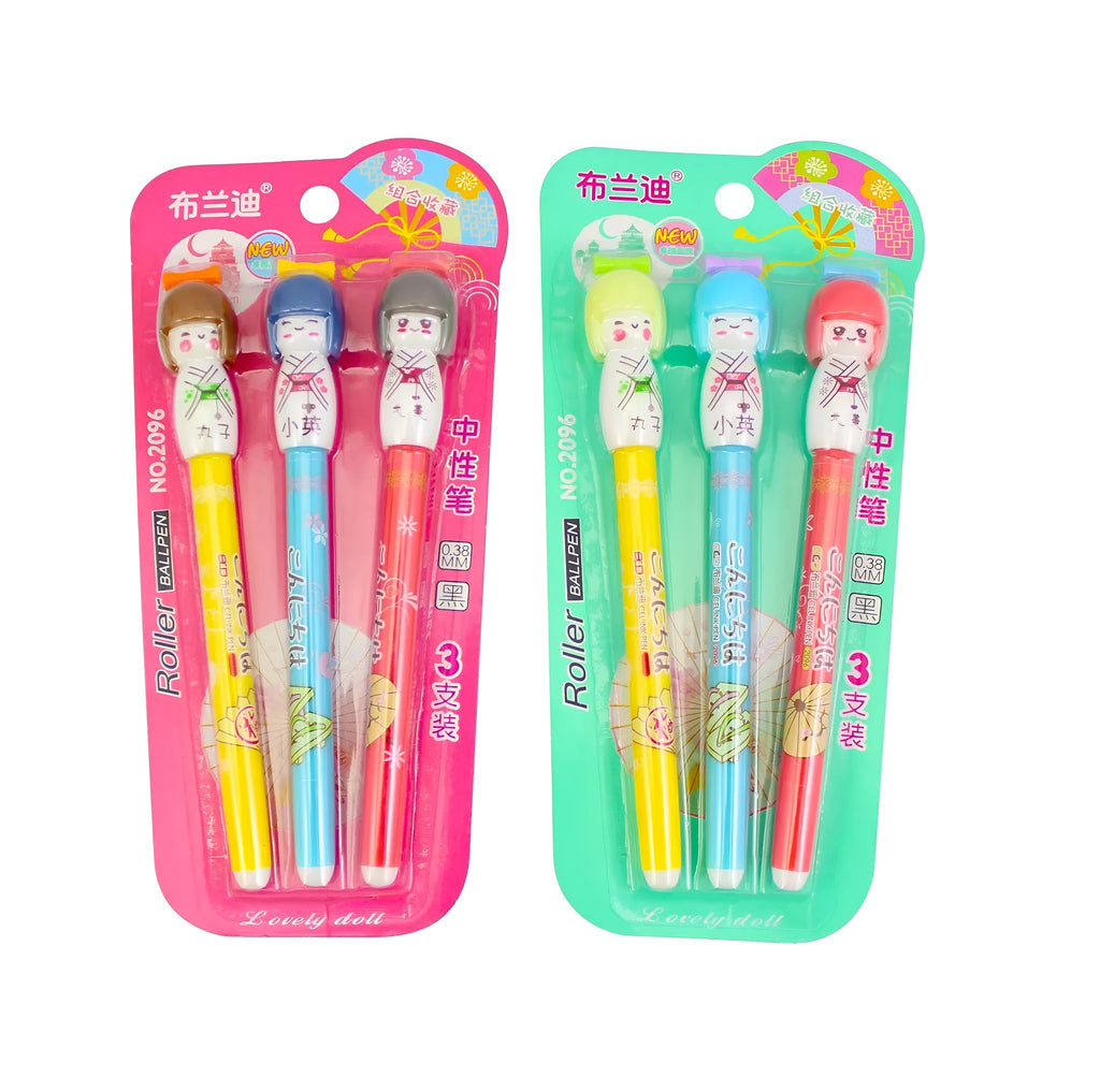 Brandi Japan Doll Gel Pen 0.38mm black with 152mm total length, pack of 3 pens