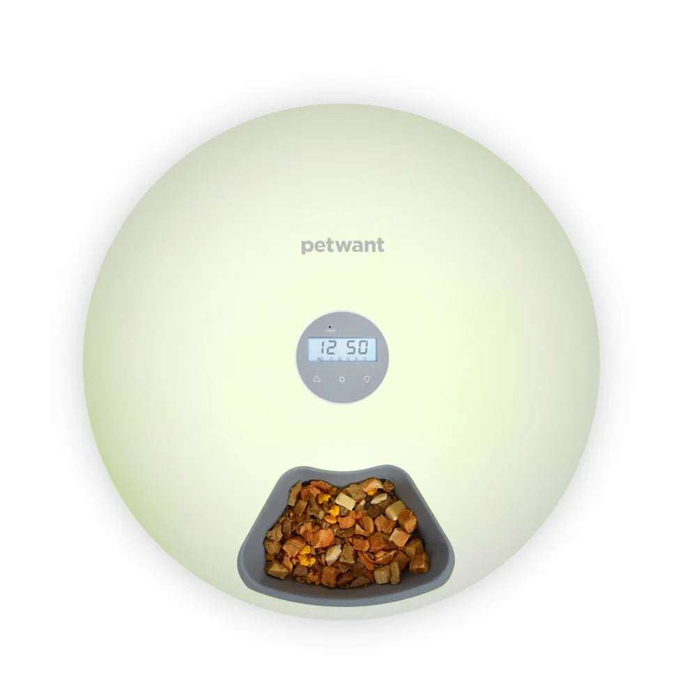 White six meal automatic pet feeder with 80ml cells, 320x320x82mm, USB or battery power