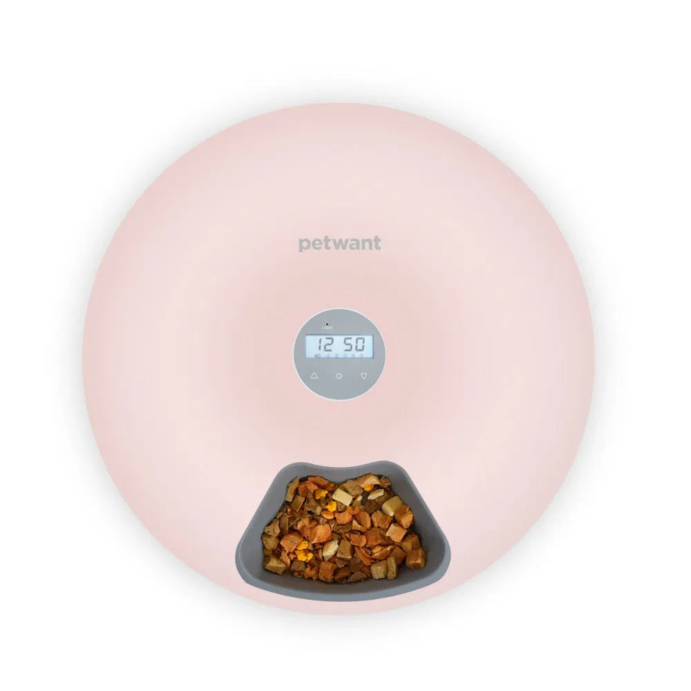 White six meal automatic pet feeder with 80ml cells, 320x320x82mm, USB or battery power