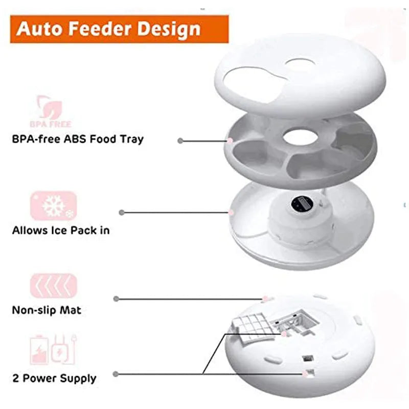 White six meal automatic pet feeder with 80ml cells, 320x320x82mm, USB or battery power