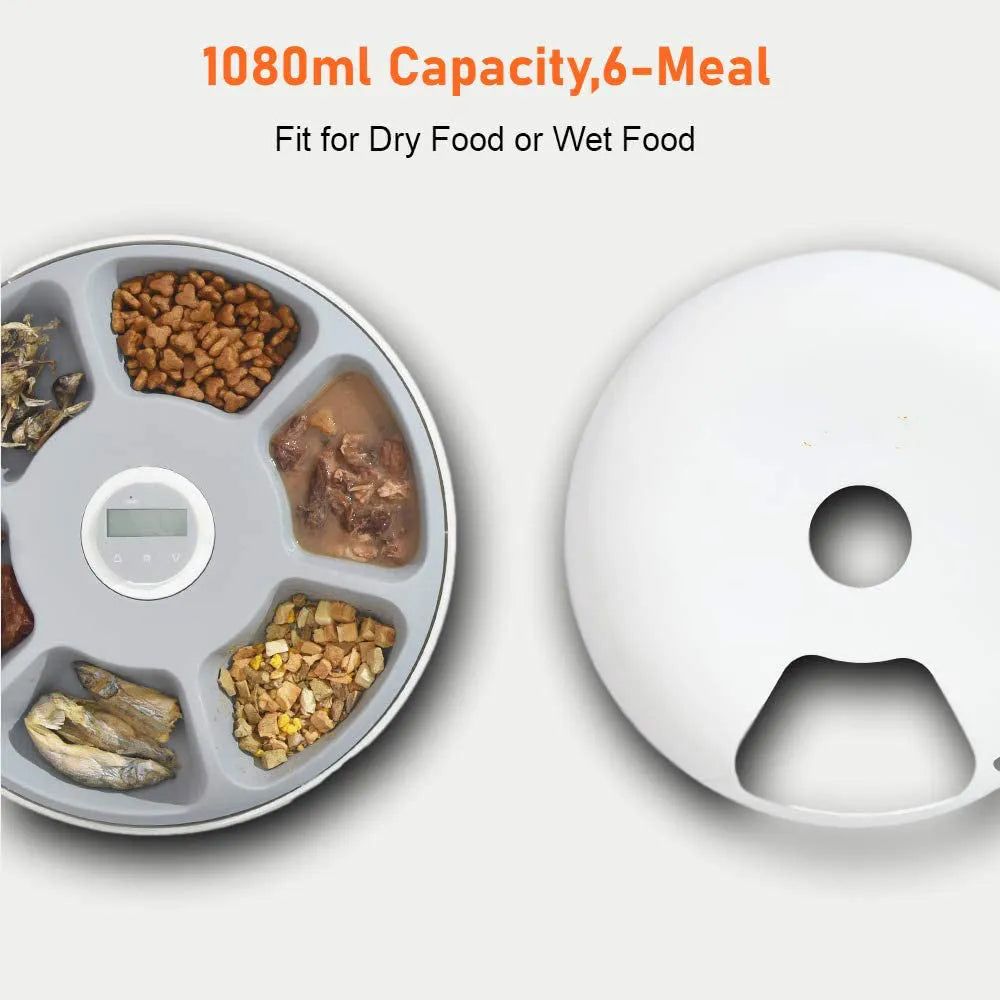 White six meal automatic pet feeder with 80ml cells, 320x320x82mm, USB or battery power