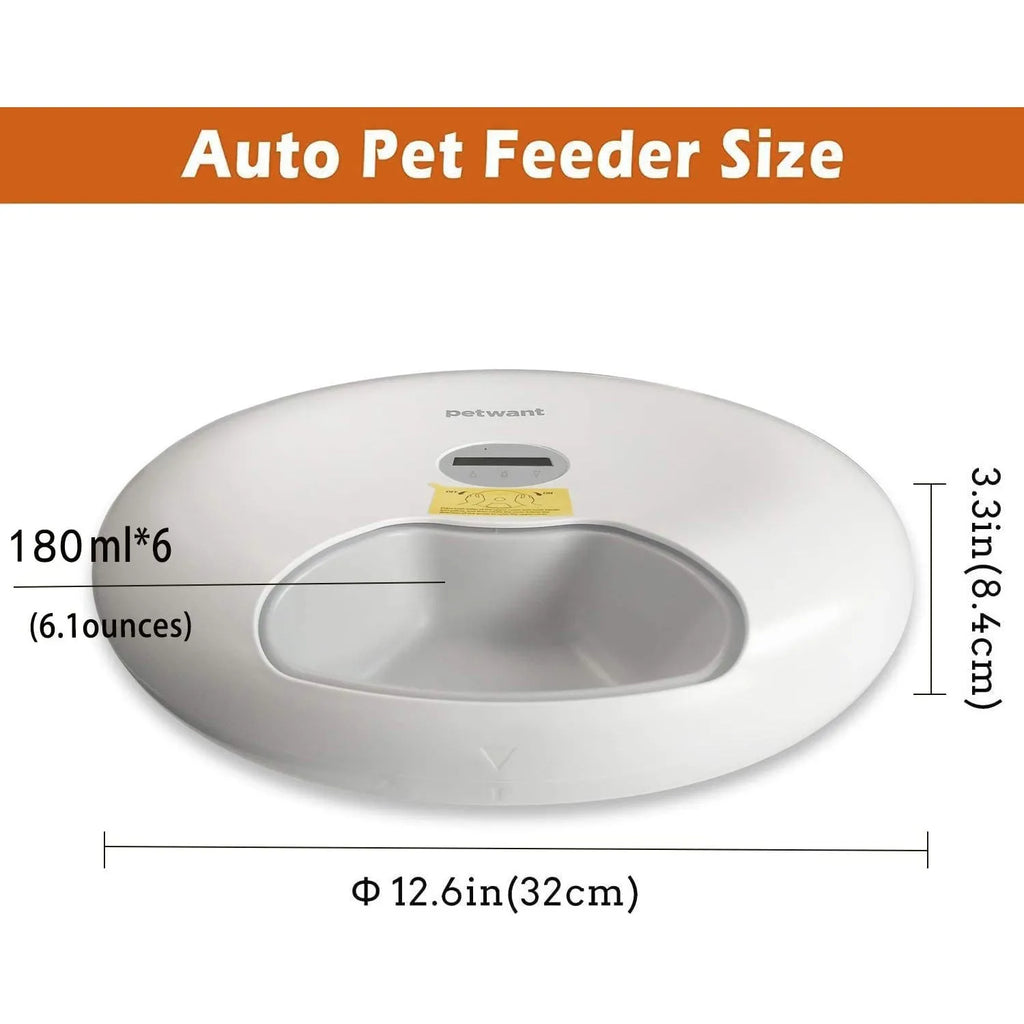 White six meal automatic pet feeder with 80ml cells, 320x320x82mm, USB or battery power