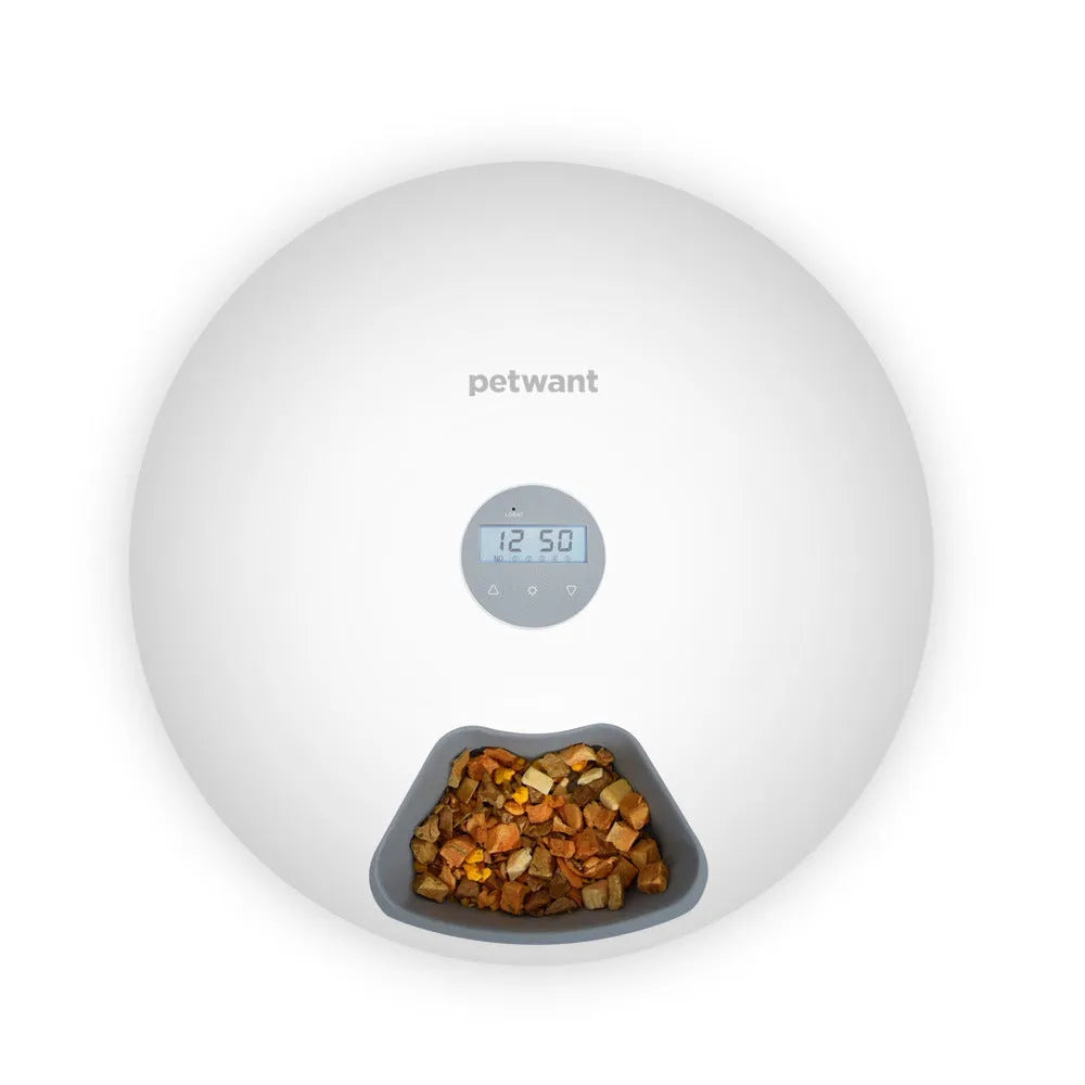 White six meal automatic pet feeder with 80ml cells, 320x320x82mm, USB or battery power