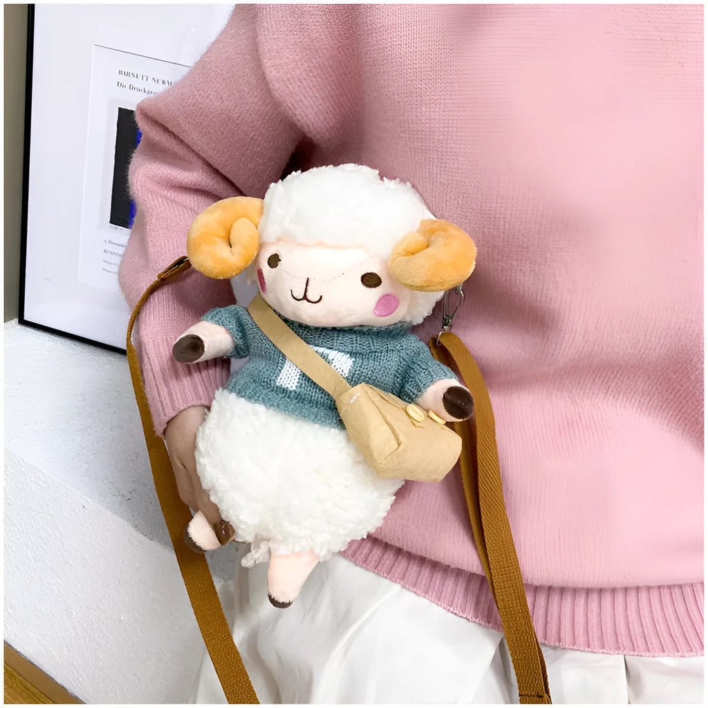 Small square blue plush crossbody bag with a white Lamb pattern and a zipper opening.