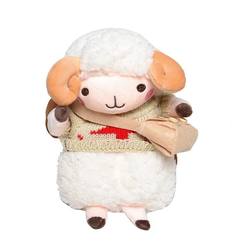 Small square blue plush crossbody bag with a white Lamb pattern and a zipper opening.