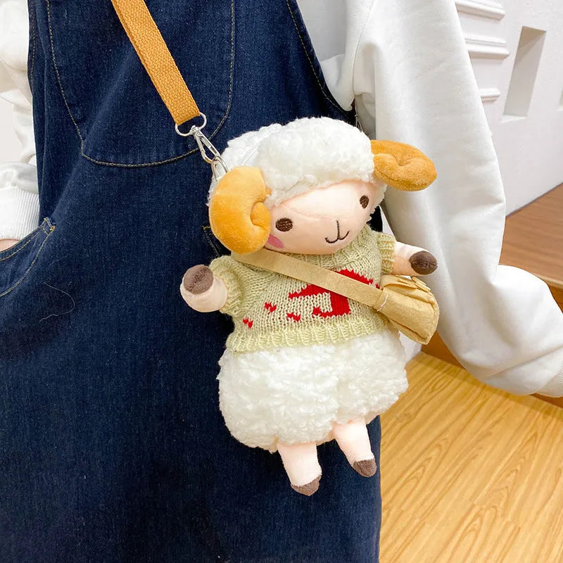 Small square blue plush crossbody bag with a white Lamb pattern and a zipper opening.