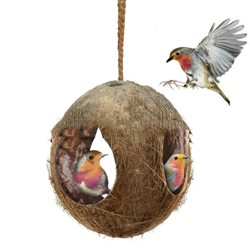 Brown coconut shell bird nest feeder, small hanging bird house, 12-16cm diameter, about 30cm height