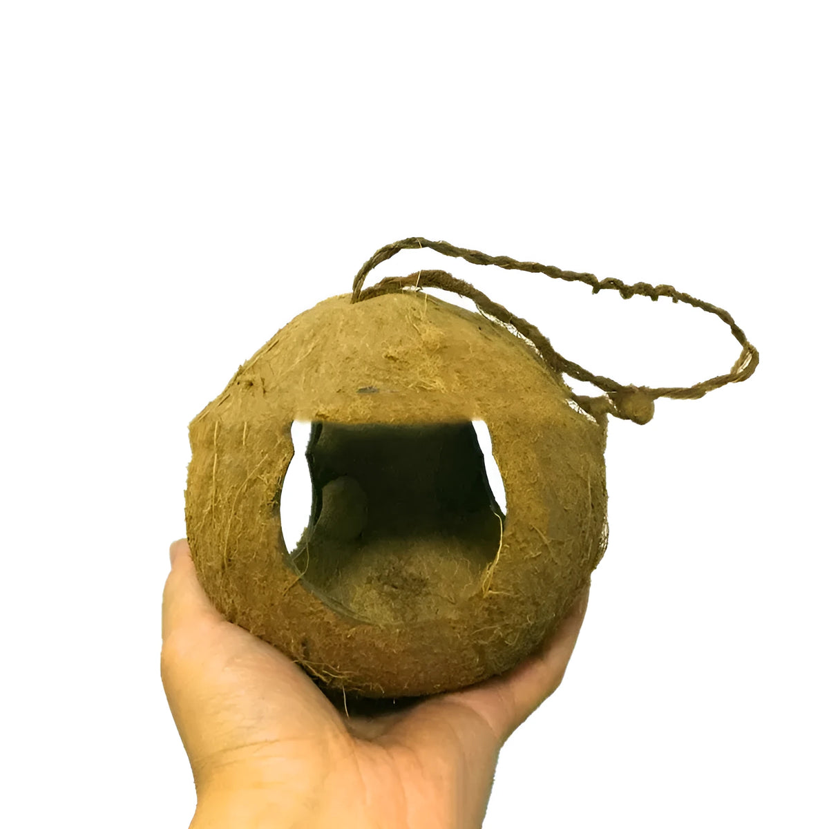 Brown coconut shell bird nest feeder, small hanging bird house, 12-16cm diameter, about 30cm height